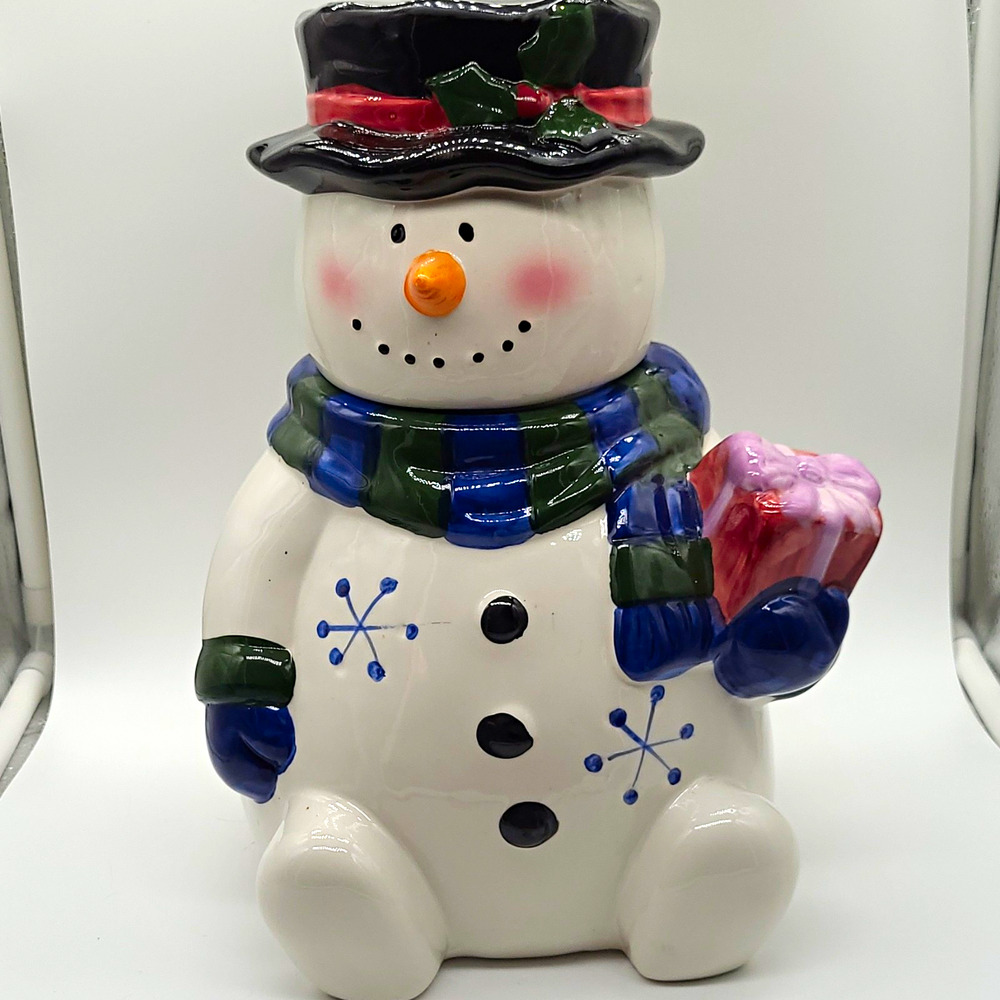 VTG Ceramic Snowman Cookie Jar Christmas Holiday Decor Top Hat Scarf Gift 9.5"